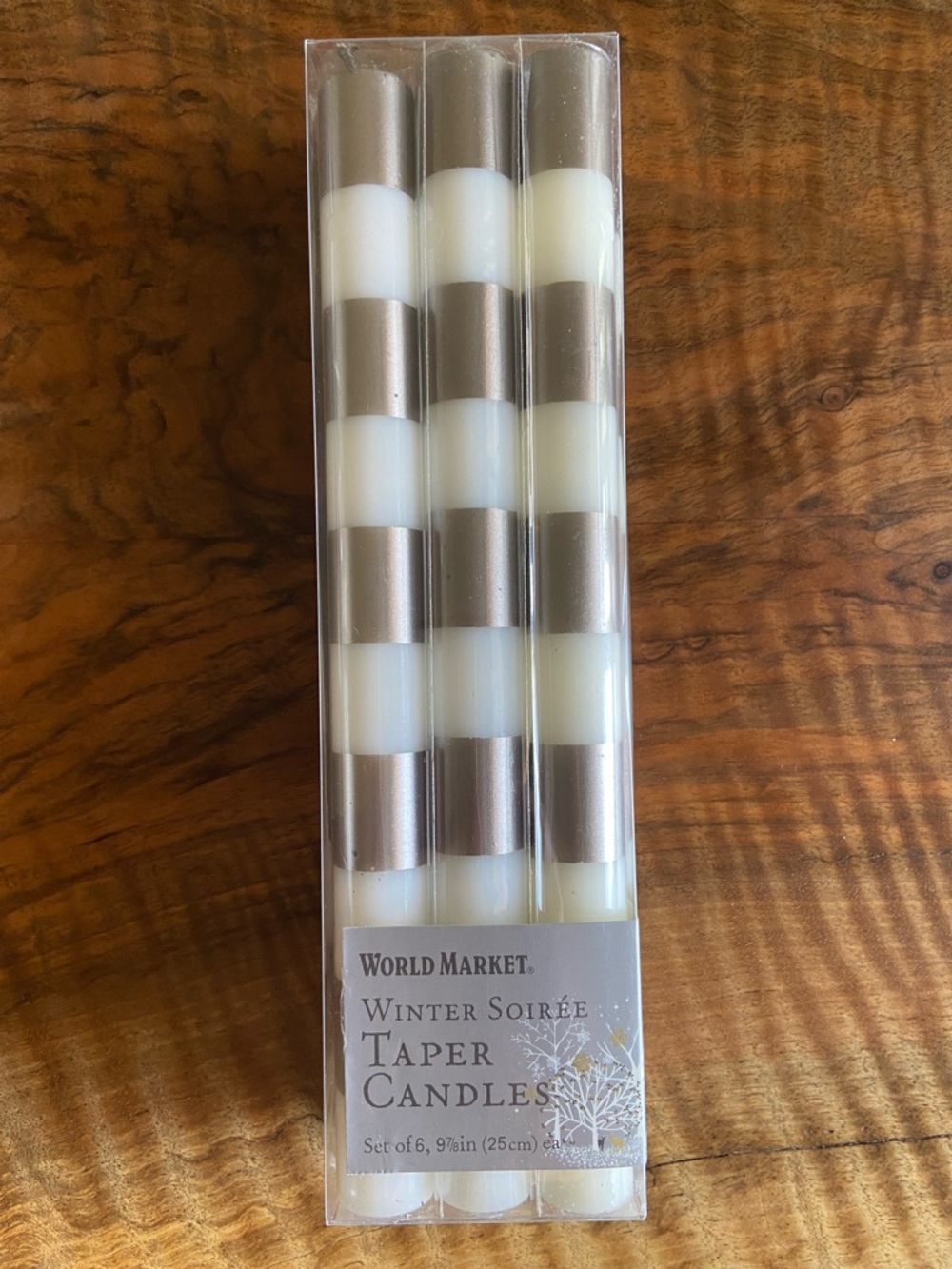 6 Silver and White Stripe Stripes Striped Elegant Taper Candles Winter Soirée